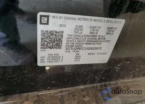 2018 GMC Sierra K1500 Denali z USA, uszkodzony, nr VIN 3GTU2PEC7JG513573